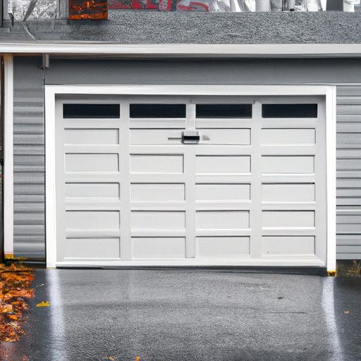 Suburban Hanover, MA garage exterior with modern sectional door, visible weatherstripping and sealed threshold on overcast day.