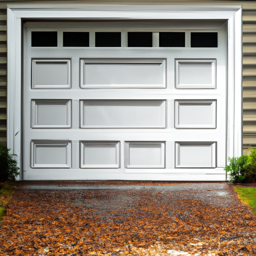 Residential garage door on a Hanover, MA home showing painted steel panels, hardware and driveway in seasonal light.