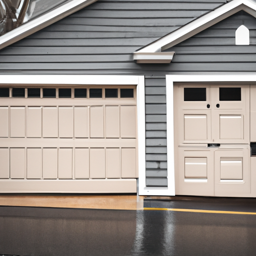 Sectional garage door on a clapboard Hanover, MA home on overcast day, wet pavement visible