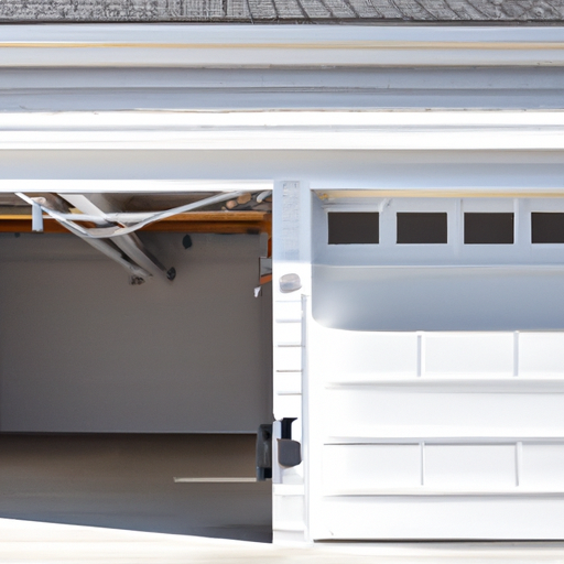 Residential garage door with visible opener rail and motor unit in a Hanover, MA neighborhood, medium view.