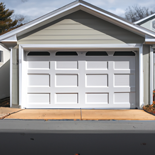 Closed suburban garage door in Hanover, MA showing bottom sweep and weatherstripping at the threshold in late autumn light.