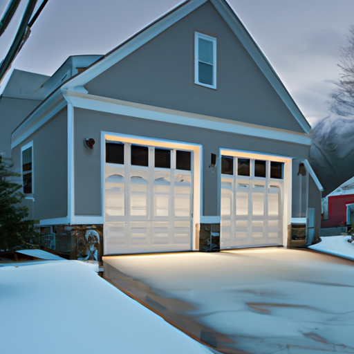Suburban Hanover, MA home with a modern sectional garage door at dusk, light snow on the driveway, no people.