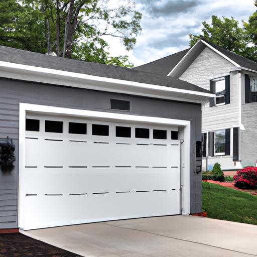 Suburban Hanover home exterior showing a modern sectional garage door with a ceiling-mounted smart opener, driveway and New England landscaping.