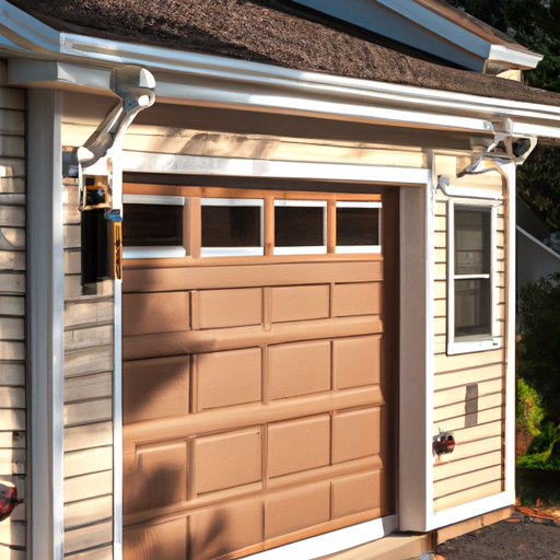 Suburban Hanover, MA two-car garage door with visible opener rail and crisp late-afternoon light, no people.