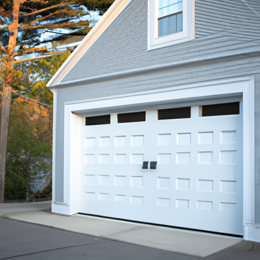 Wide shot of a modern sectional garage door on a New England-style home in Hanover, MA with driveway visible.