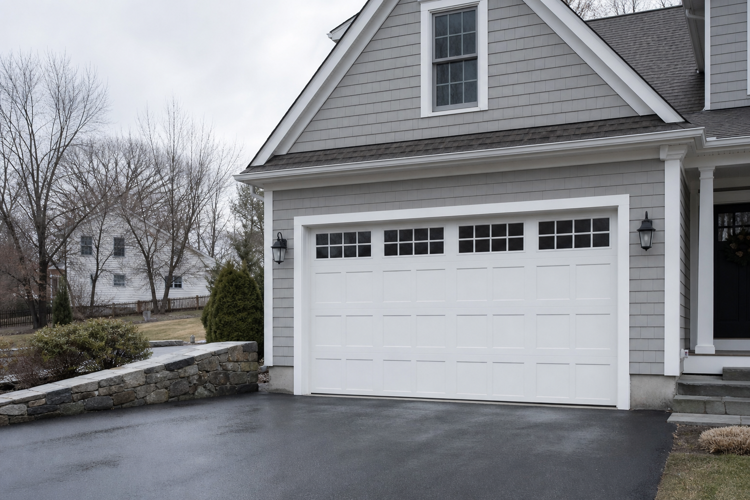 Suburban garage exterior in Hanover, MA with the garage door visible